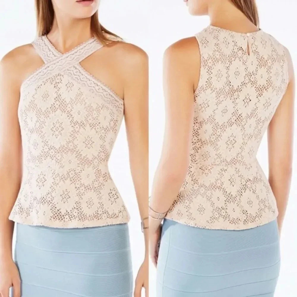 BCBGMaxAzria 'Annica' Crochet Halter Top Bare Pink EUC